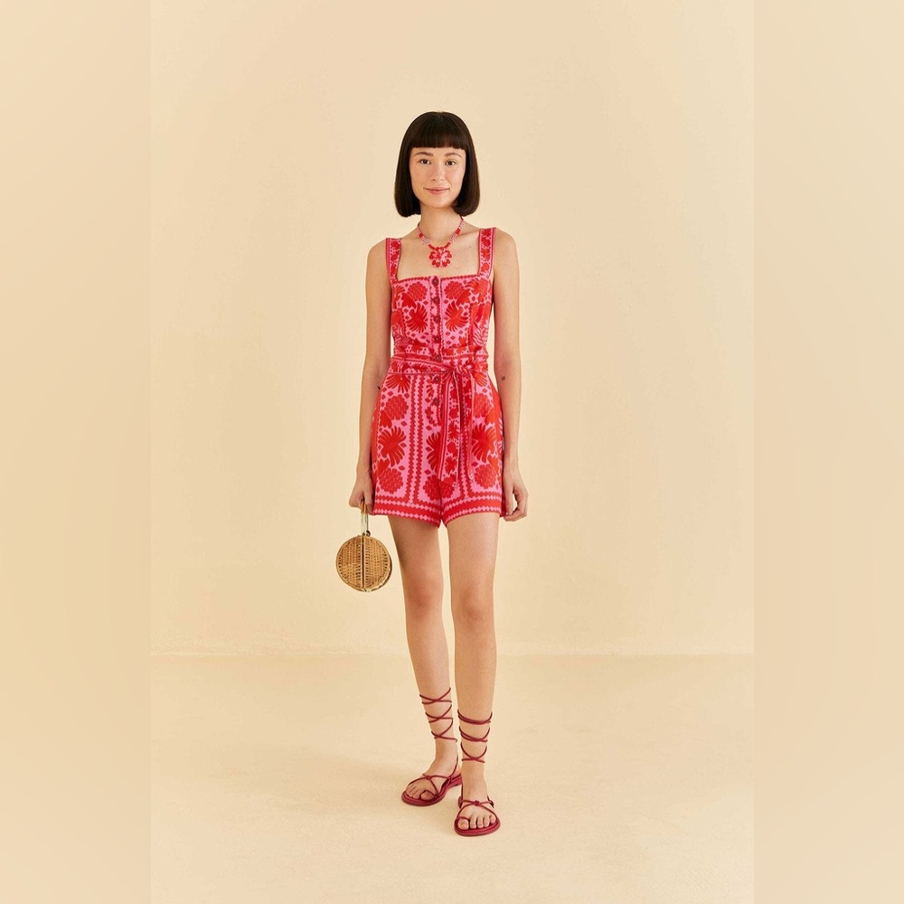 Farm Rio Jungle Scarf Red Romper Large New with tags